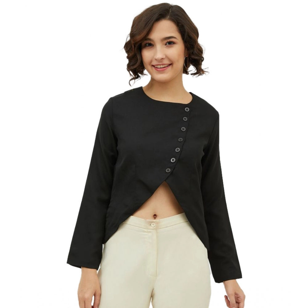Black polyester asymmetrical long sleeves top with round neck, fashionable for women's casual wear