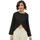 Black polyester asymmetrical long sleeves top with round neck, fashionable for women's casual wear