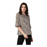 Orange & black polyester animal print bell sleeve top for women's fashion, collar neck style, on hanger