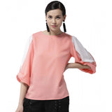 Pink polyester colour block slit sleeve top for women, round neckline style