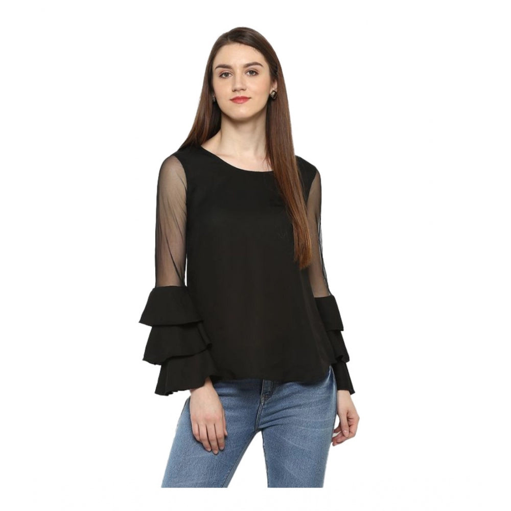 Black polyester tier sleeve top for women's fashion, solid design, round neck