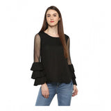 Black polyester tier sleeve top for women's fashion, solid design, round neck