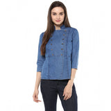 Blue denim women's solid 3/4-sleeve regular top with collar neck, suitable for casual wear