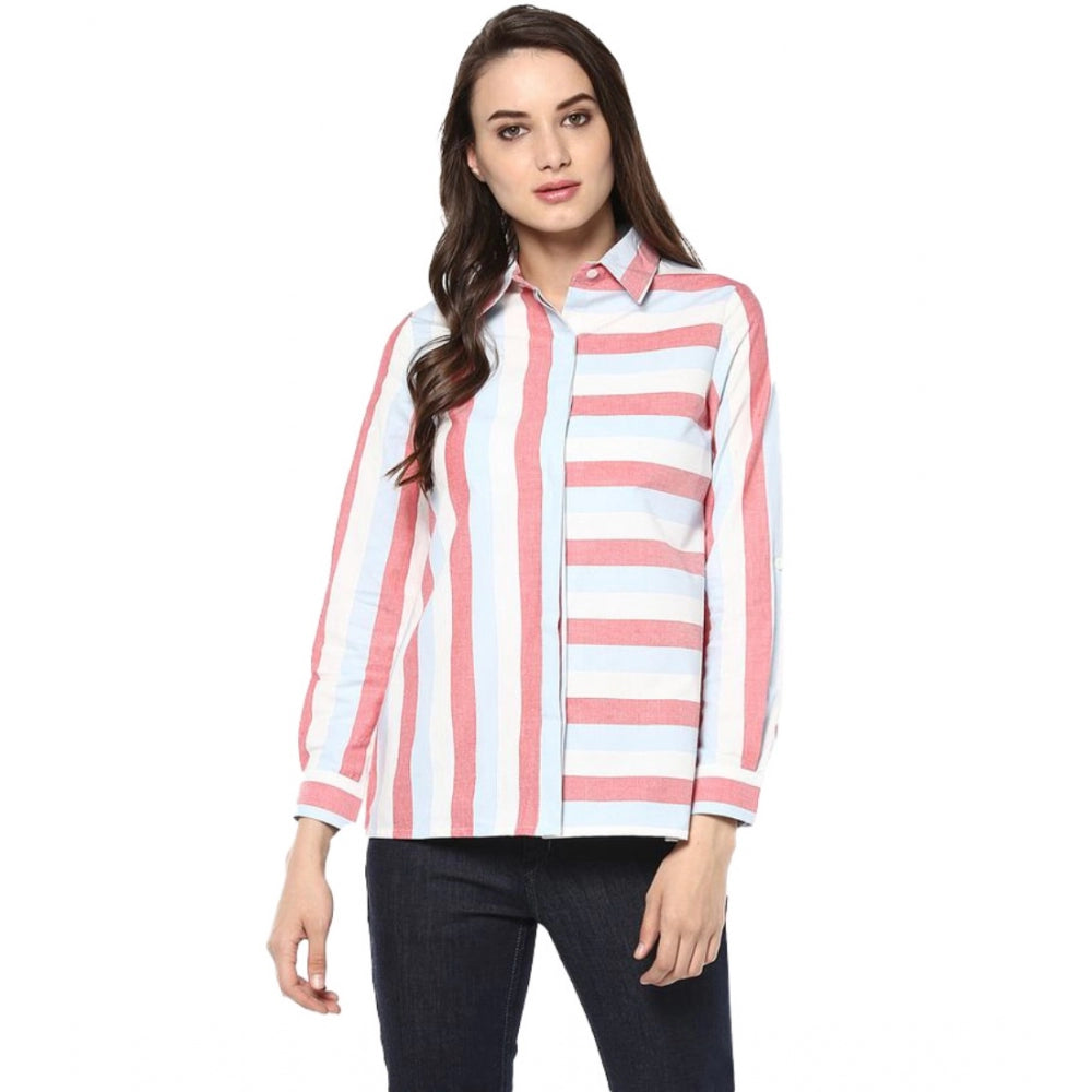 Red striped cotton roll-up sleeve regular top for women