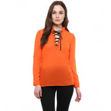 Orange polyester women's long sleeve solid top with mandarin collar and tie-up, on mannequin