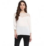 White polyester georgette self-design 3/4th sleeve regular top on model