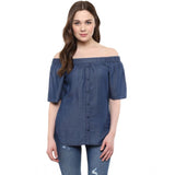 Blue denim women's short-sleeve regular top with off-shoulder neck, solid pattern (color variation may occur)