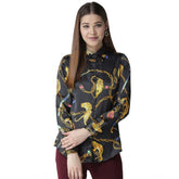 Black satin printed long sleeve shirt with gold accents, ideal for women's fashion