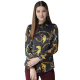 Black satin printed long sleeve shirt with gold accents, ideal for women's fashion