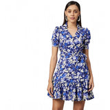 Blue & Purple polyester floral short sleeve above-knee dress with collar, floral pattern on woman modeling