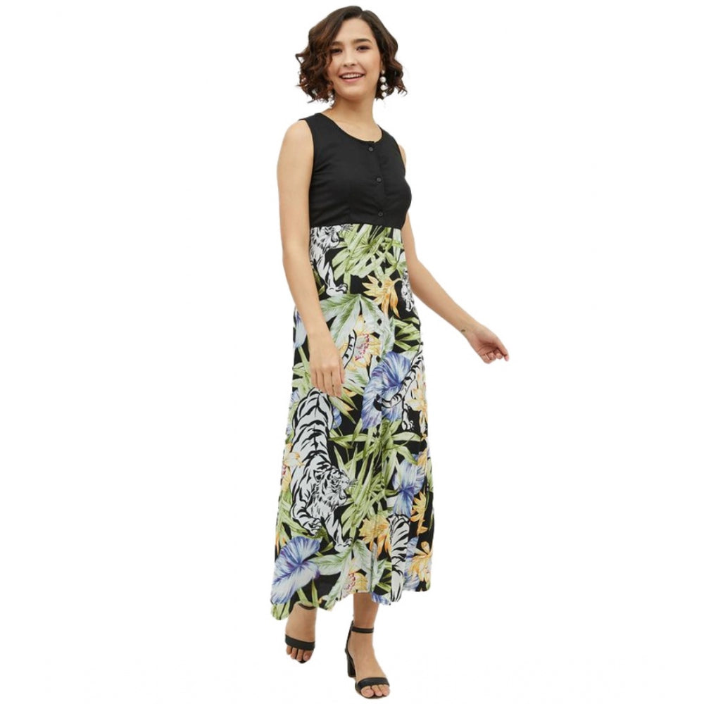 Multicolor rayon floral sleeveless calf-length dress for women, vibrant floral pattern on display