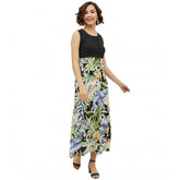 Multicolor rayon floral sleeveless calf-length dress for women, vibrant floral pattern on display