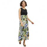 Multicolor rayon floral sleeveless calf-length dress for women, vibrant floral pattern on display