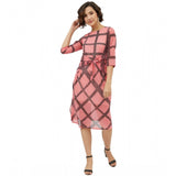 Pink polyester checkered 3/4th sleeves below knee dress