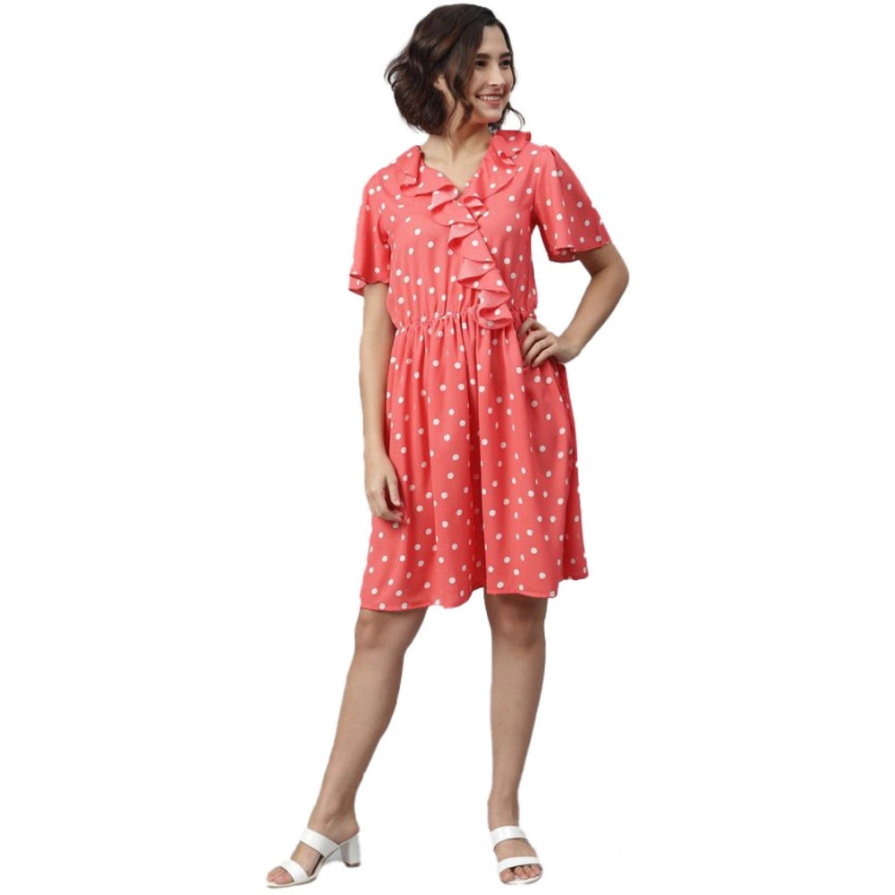 Coral polyester polka flutter dress for women, vibrant design above the knee
