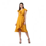 Yellow polyester ruffled cap sleeve knee-length dress for women