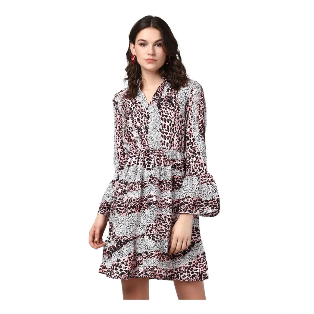 Pink & Black polyester animal print bell sleeve dress with collar, above knee length