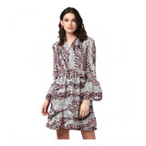 Pink & Black polyester animal print bell sleeve dress with collar, above knee length