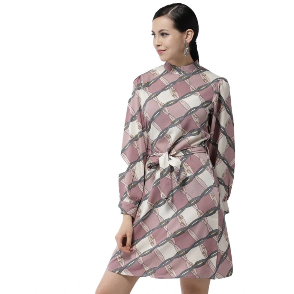 Off-white & lavender polyester checkered long sleeves above knee dress for women