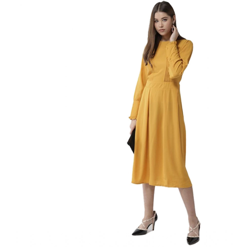 Yellow polyester pintuck long sleeves below knee dress for women