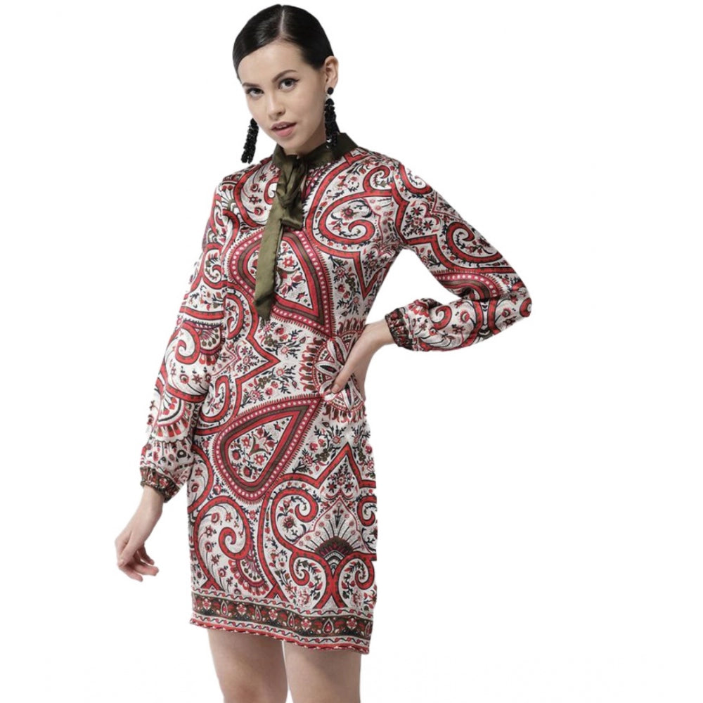 Red polyester printed long sleeves above knee dress with collar detail