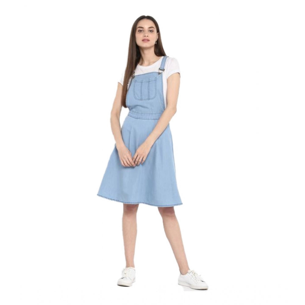 Blue denim solid sleeveless above knee dress for women