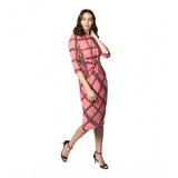 Pink-Black polyester checkered women's 3/4th sleeve below knee dress on hanger