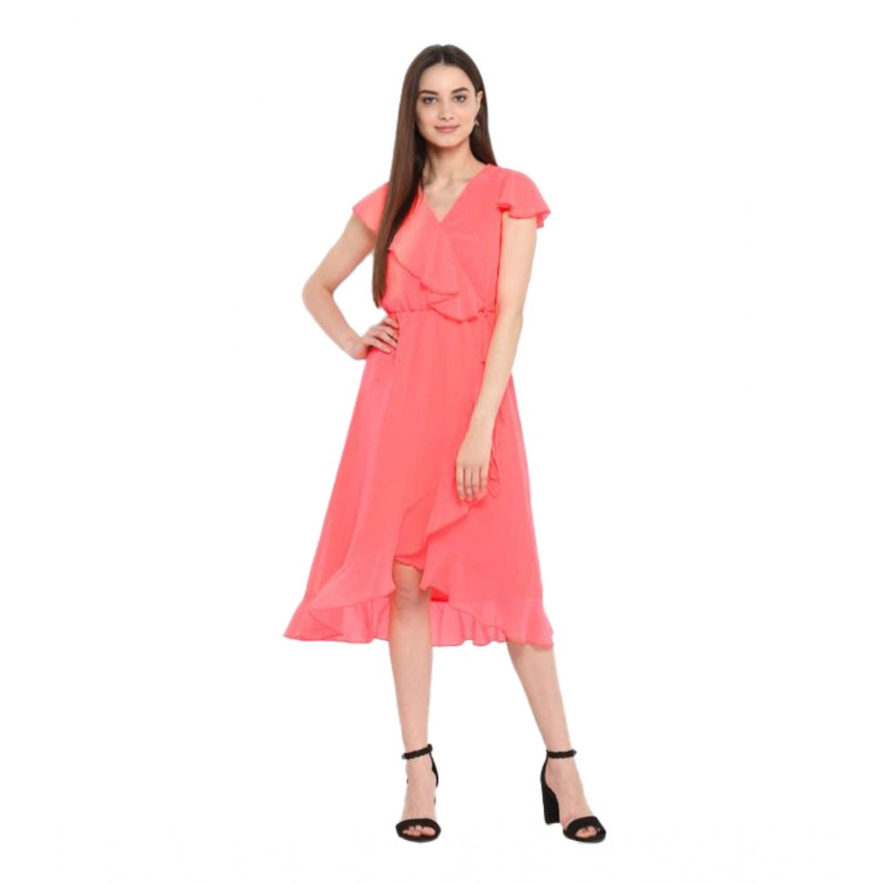 Coral pink polyester ruffled cap sleeve below knee dress with v-neck, ideal for summer events