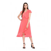 Coral pink polyester ruffled cap sleeve below knee dress with v-neck, ideal for summer events