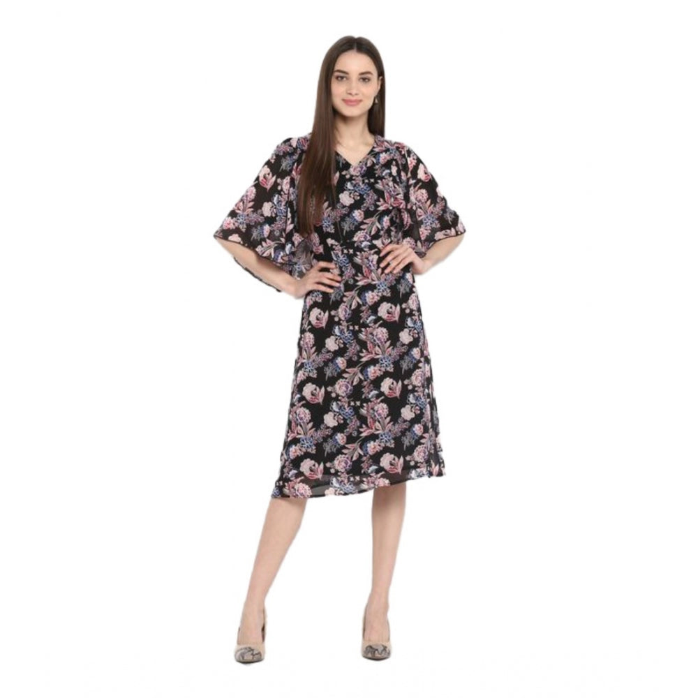 Black & multicolor polyester floral short sleeve knee-length dress on model