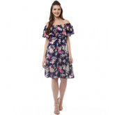 Navy blue polyester crepe floral half-sleeve dress for women on model