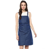 Women's Denim Solid Shoulder Straps Above Knee Dress (Blue)