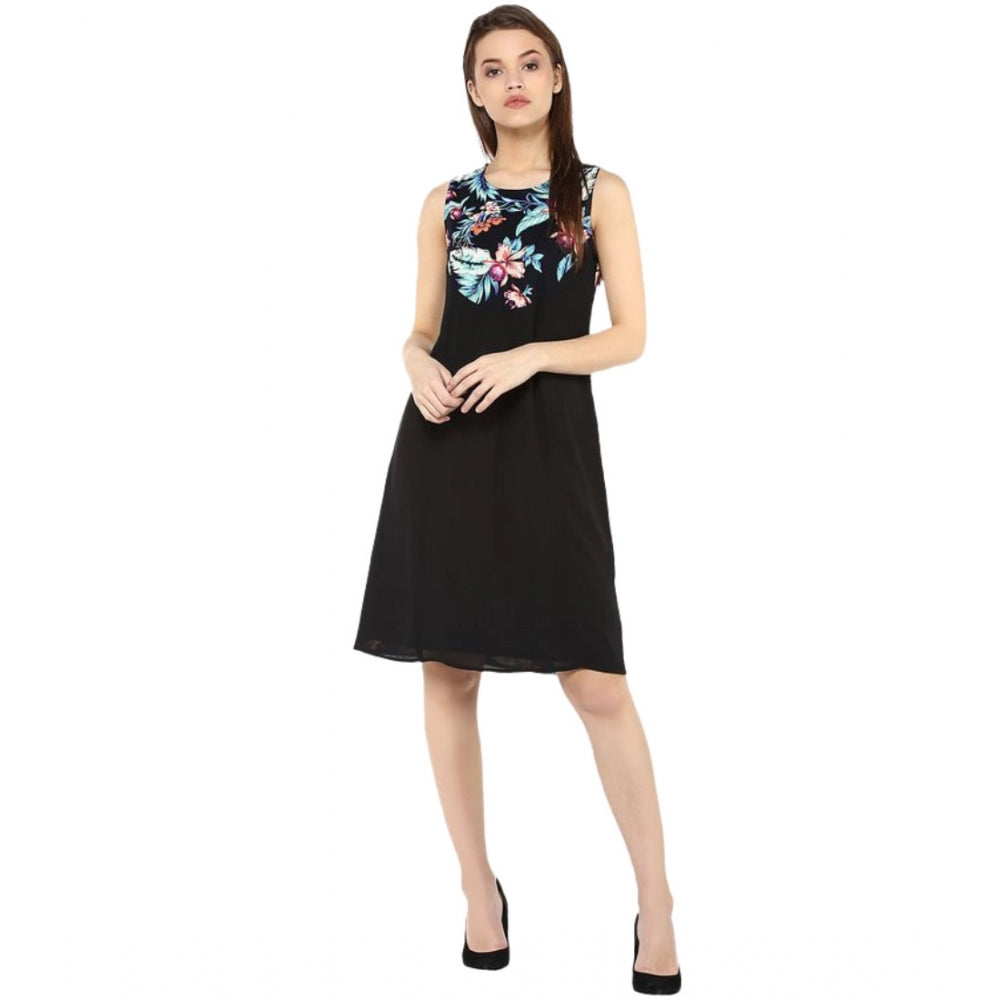 Black & multicolor printed polyester sleeveless above-knee dress for women