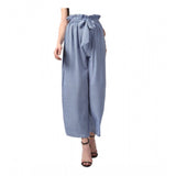 Blue striped polyester elasticated trousers for women, casual wear on model