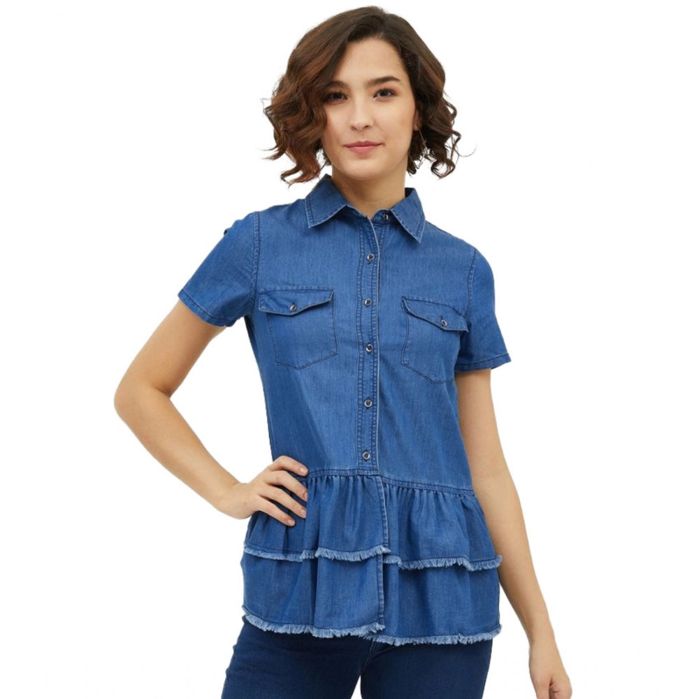 Blue denim peplum short sleeve top with collar, featuring a classic peplum design in medium blue denim fabric