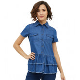 Blue denim peplum short sleeve top for women, casual and fashionable clothing accessory