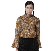 Orange polyester printed bell sleeve top with closed neck, featuring contrasting black detailing