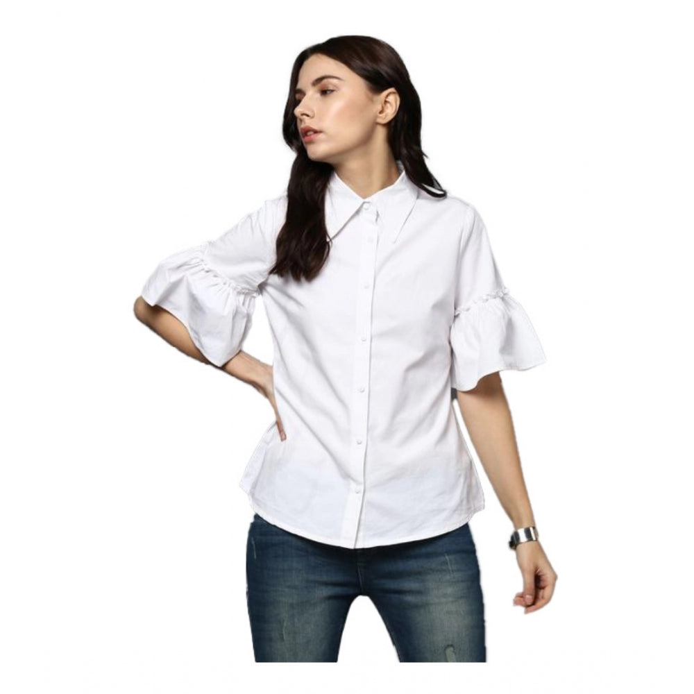 White cotton bell sleeve top, solid design for women's fashion