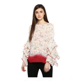 Off white and red rayon crepe printed ruffle sleeve top with round neck, fashionable women's blouse on mannequin