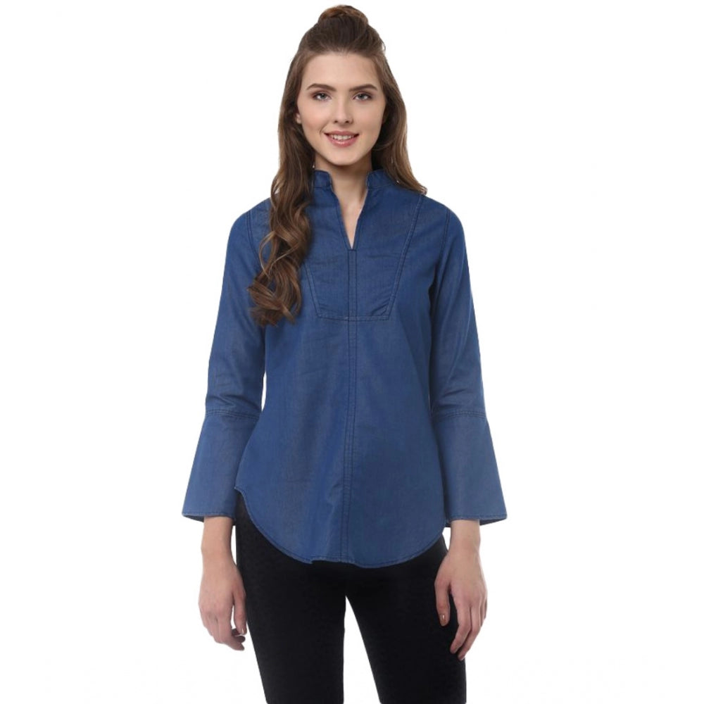Blue denim women's denim bell sleeve regular top - solid design on mannequin