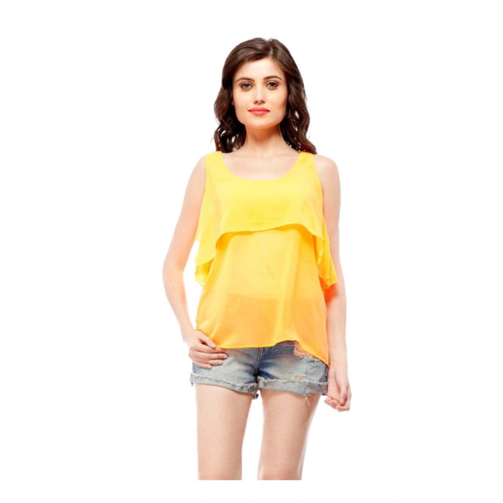 Orange polyester solid sleeveless regular top for women, round neck with vibrant yellow hue