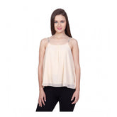 Beige polyester solid shoulder straps top for women's casual wear, round neck, regular length