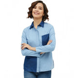 Blue denim patch work long sleeve shirt, standard length for women's casual wear