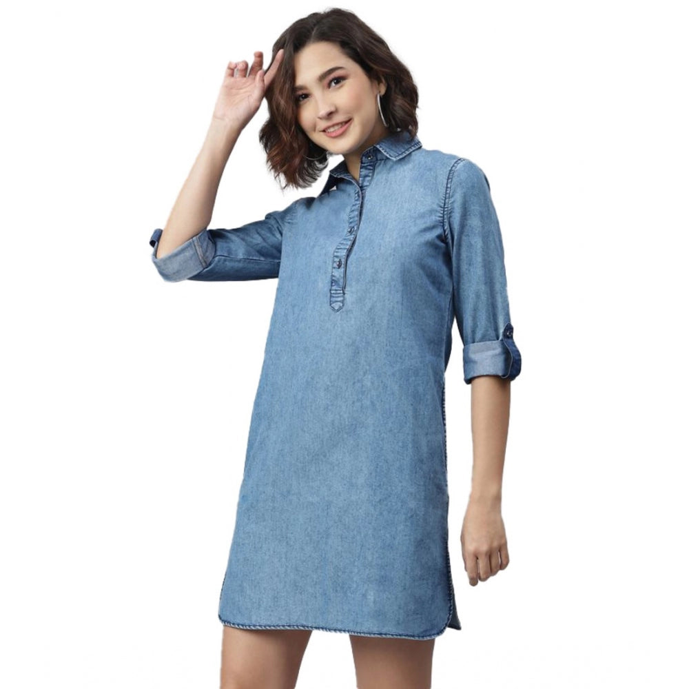 Ice Blue denim long sleeves dress, solid pattern with collar neckline and above-knee length