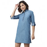 Ice Blue denim long sleeves dress, solid pattern with collar neckline and above-knee length