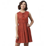 Rust rayon polka sleeveless above-knee dress with round neck, vintage summer style