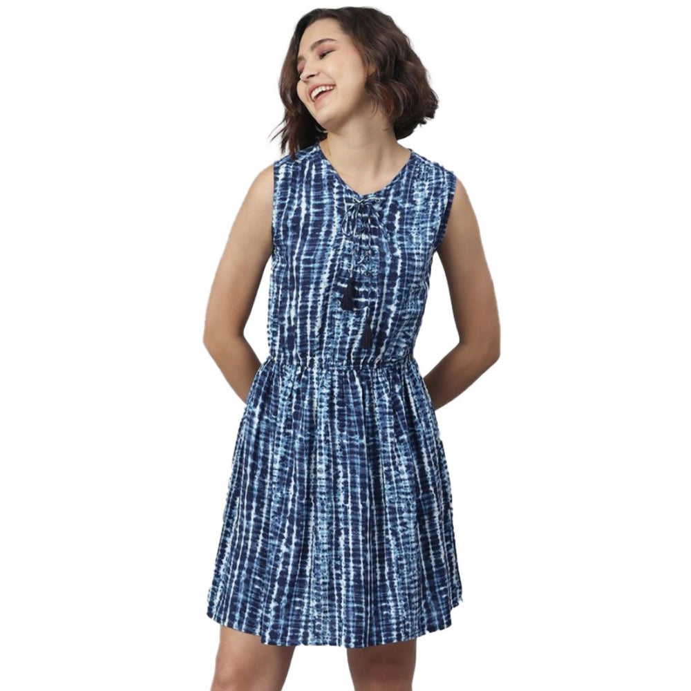 Blue rayon tie & dye sleeveless dress for women, vibrant patterns on display