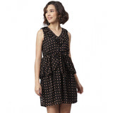 Black polyester peplum sleeveless above-knee dress for women on mannequin