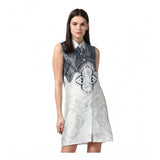 Blue polyester printed sleeveless above knee dress for women, vibrant pattern detail on display