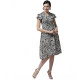 Black & White polyester animal print short sleeve knee-length dress on female model